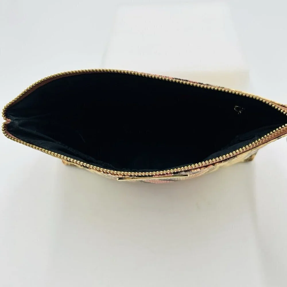 Vince Camuto Cosmetic Bag Snakeskin Pattern Zipper Pouch Gold Trim
